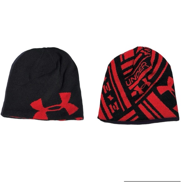 Under Armour Youth Knit Beanie UA LOGO ONE SIDE, BLACK & RED ABSTRACT OPPOSITE - Picture 1 of 10